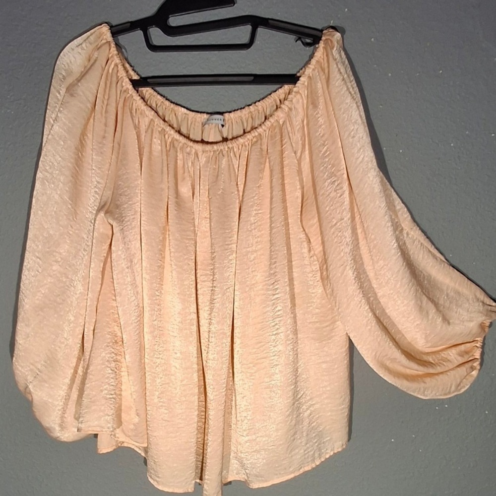 Summer 10 Peach Off The Shoulder Blouse XL Textured Satin Long Sleeve Top USA